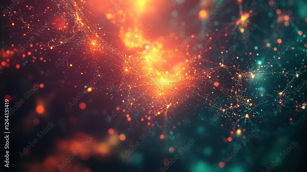 Poster a digital abstract background featuring a network of glowing nodes and connections, creating a sense