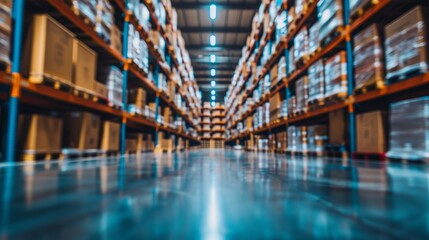 Fototapeta premium Blurry perspective of warehouse aisle featuring shelves stocked with numerous boxes