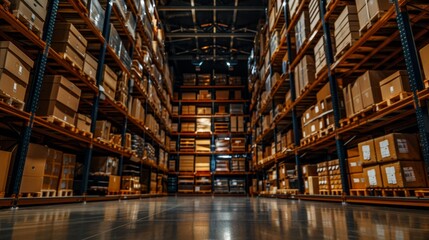 Obraz premium Blurry perspective of warehouse aisle featuring shelves stocked with numerous boxes