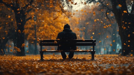 The lonely figure amidst the fluttering autumn leaves