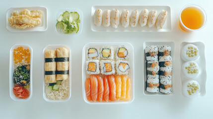 Diverse selection of asian sushi and sides for culinary delight