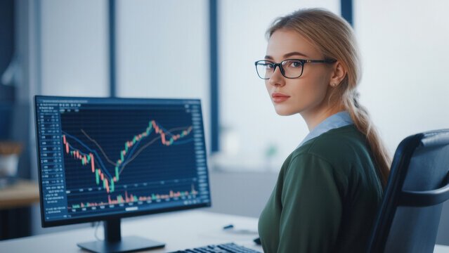 Female trader or freelancer working on computer analyzing Forex or stock market