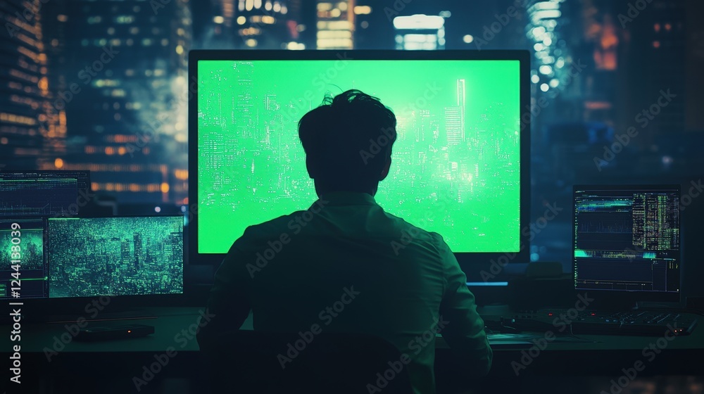 Poster digital artist editing a video using green screen footage, layering 3d elements and animated backgro