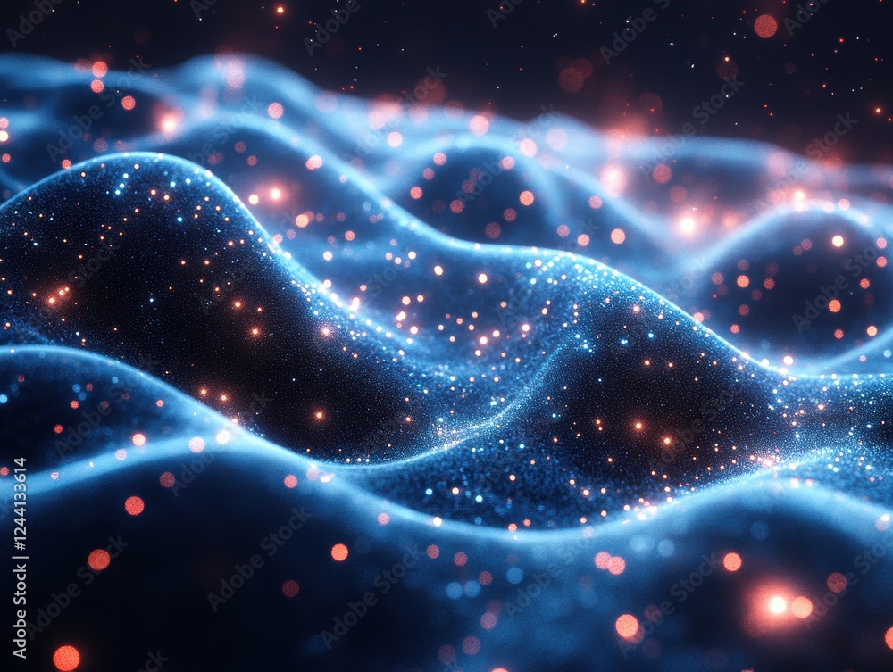 Poster abstract waves of light and particles creating a cosmic atmosphere.