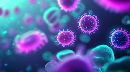 Obraz premium Abstract fluorescent view of immune cells under UV light, purple and teal glowing tones