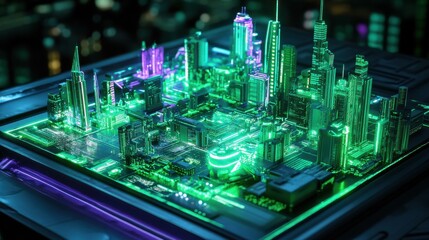 Fototapeta premium Futuristic Cityscape Model with Neon Lights and High-Tech Design