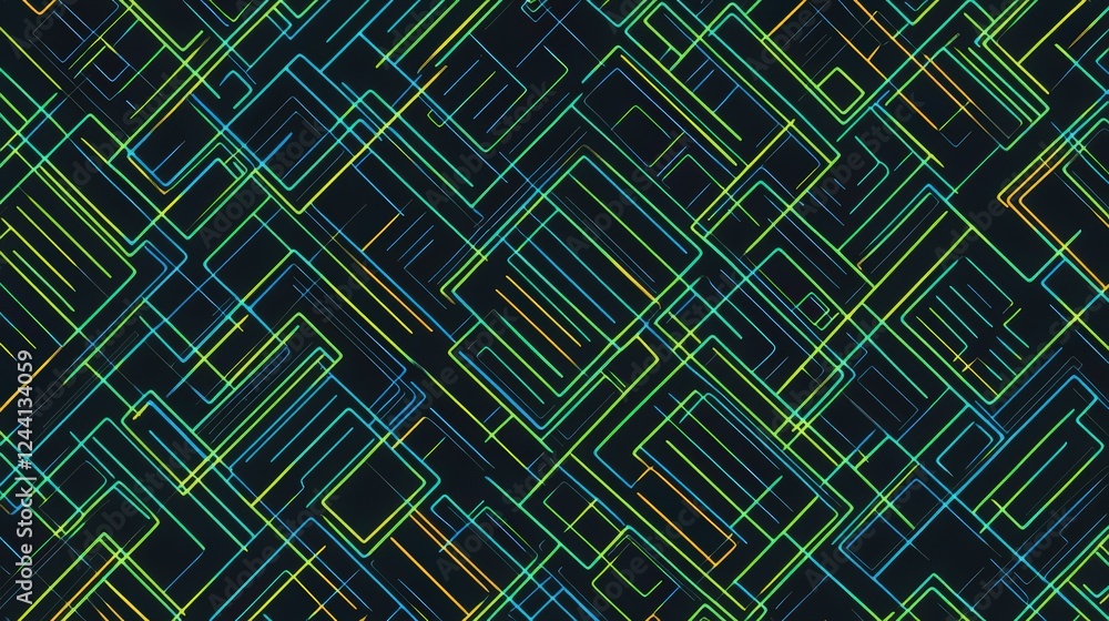 Poster a digital circuit board pattern with glowing neon blue and green lines intersecting on a black backg