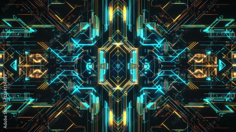 Poster a digital circuit board pattern with glowing neon blue and green lines intersecting on a black backg
