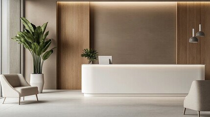 Modern office reception desk, waiting area, plants, city view