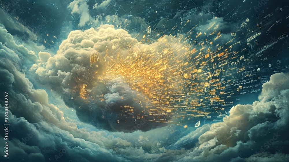 Poster a digital cloud filled with swirling text and symbols, representing the flow of thoughts in a fast-p