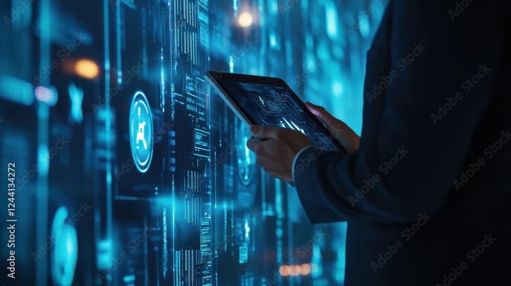 Poster businessman using tablet in front of high-tech digital interface