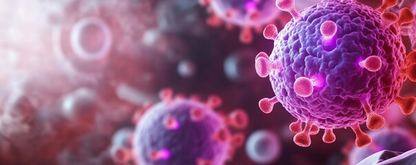 Antibodies glowing in fluorescent purple and red, close-up molecular visualization