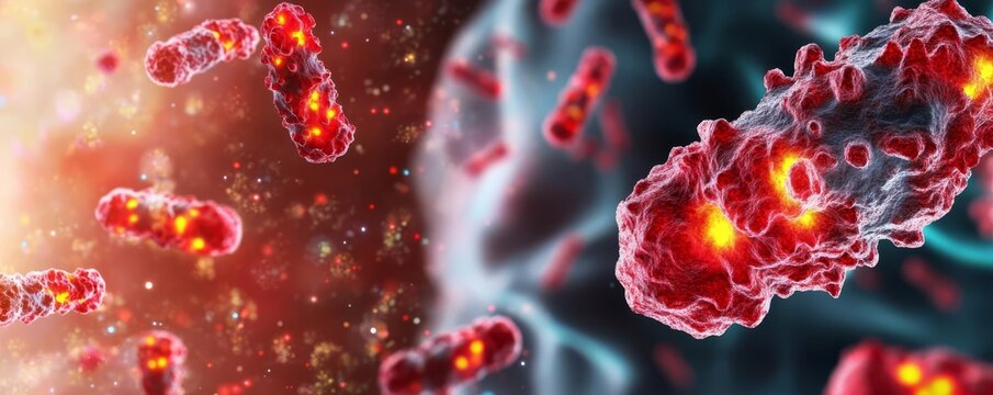 Artistic depiction of fluorescent red and yellow antibodies glowing, high-resolution biological concept