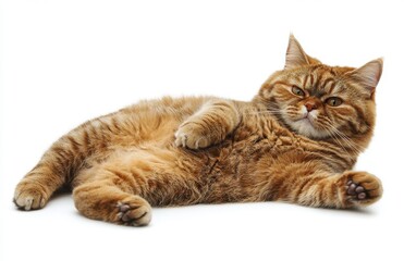 Obraz premium Fluffy ginger cat lounging comfortably on white background with relaxed posture and playful expression showcasing its charming personality and adorable features