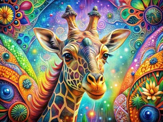 Fototapeta premium Whimsical giraffe, abstract surrealism, high depth of field, modern art print.
