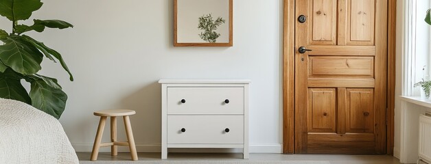 Bright hallway showcases a dark wooden door, white chest of drawers, mirror, and stylish umbrella stand in a contemporary setting