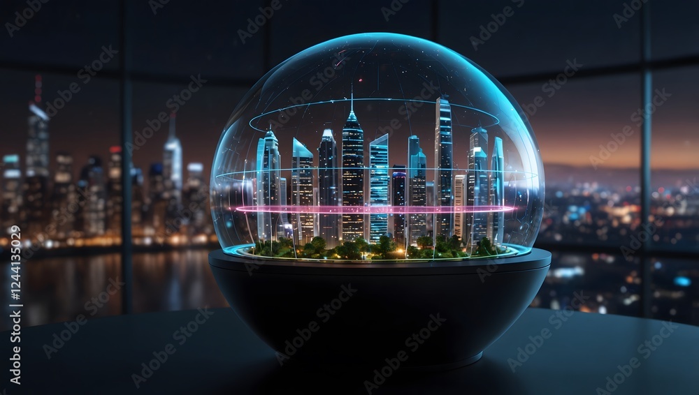 Poster advanced urban skyline with floating data sphere – cyber innovation and smart city visualization