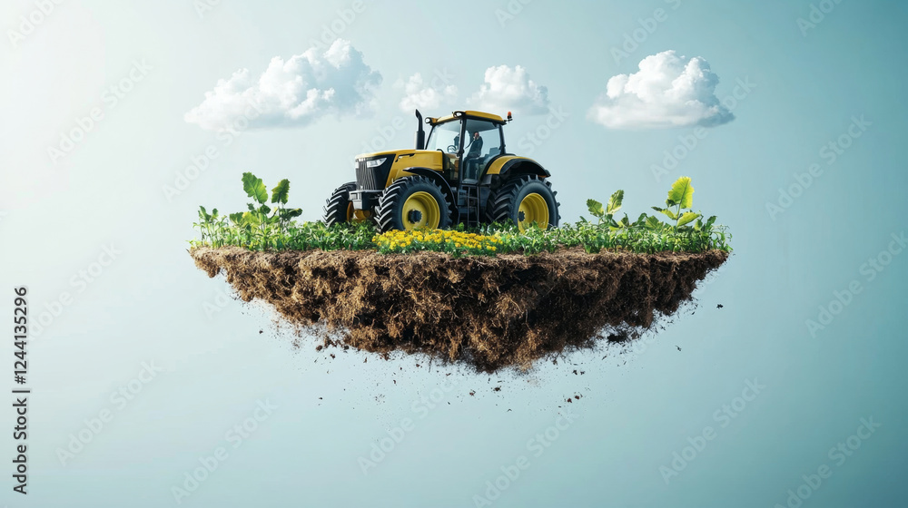 Poster a modern tractor is positioned on a floating island surrounded by vibrant crops and greenery under a