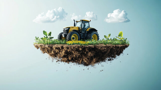 A modern tractor is positioned on a floating island surrounded by vibrant crops and greenery under a bright blue sky with fluffy clouds. This image illustrates innovative agricultural practices.