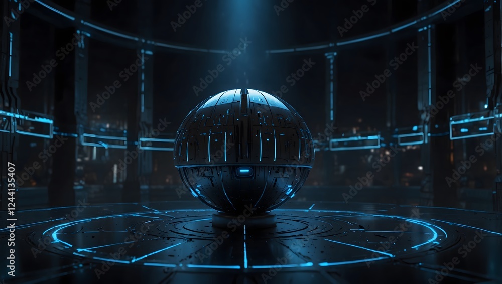 Poster futuristic sci-fi ufo spaceship in high-tech hangar – advanced alien spacecraft with neon lights and