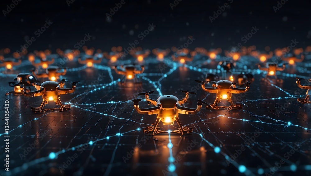 Poster horizontal futuristic drone network system with glowing connections, advanced ai robotics, smart tec