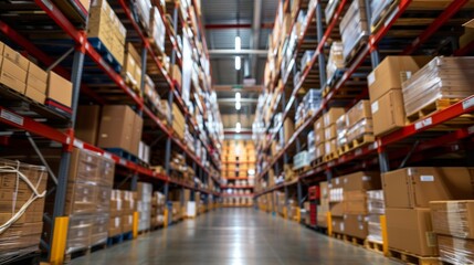 Blurred perspective of warehouse aisle featuring abundant shelves stocked with boxes