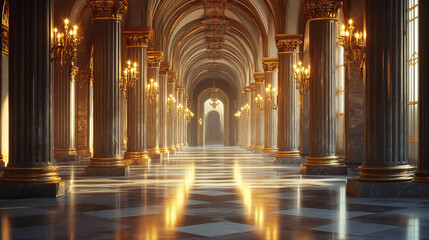 Obraz premium Corridor with columns and arches in palace. Vector cartoon interior of hallway with white marble pillars with golden ornament. Empty gallery with baroque colonnade illuminated by floor spotlights