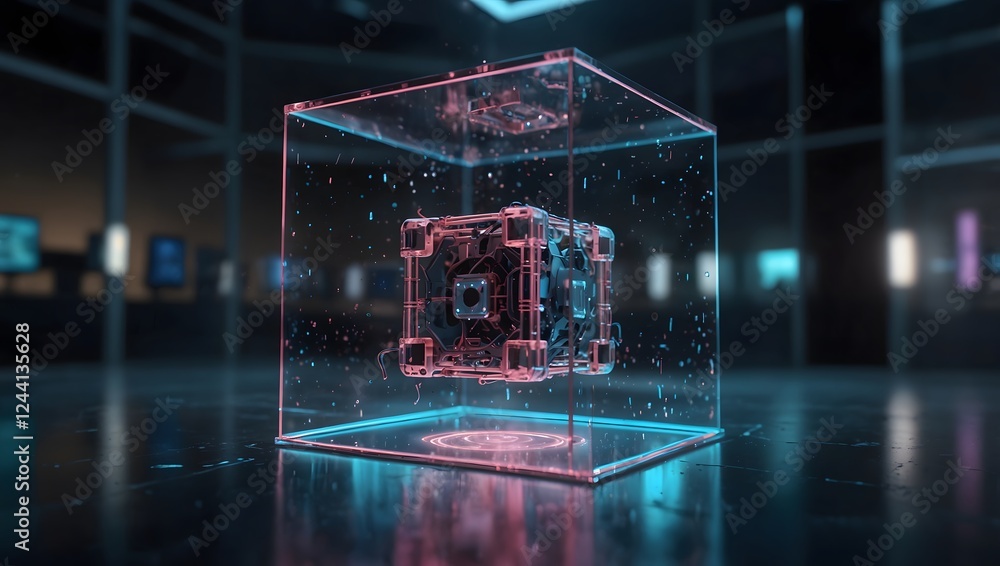Aufkleber holographic data core encased in a transparent glass cube in a futuristic cyber security lab – ai-po