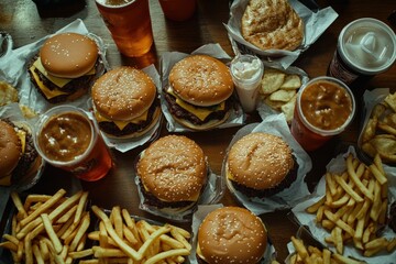 Fototapeta premium Table filled with various fast food options including burgers, fries, and beverages at casual dining setting. Generative AI
