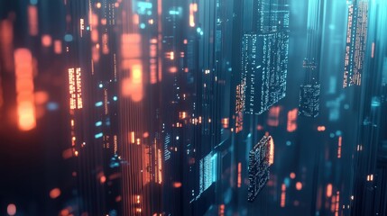 Obraz premium Abstract Digital Cityscape with Neon Lights and Data Streams