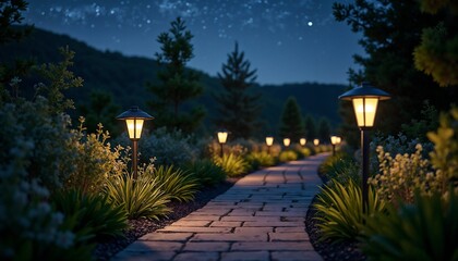 Obraz premium Pathway illuminated by lanterns with glowing warm light in a garden at night with copy space