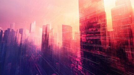 Obraz premium Abstract Urban Skyline with Colorful Lights and Digital Effects