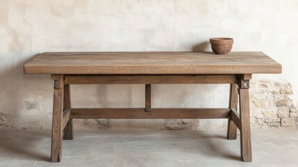 Fototapeta premium Rustic wooden table with bowl minimalist room interior design calm atmosphere wide angle home decor inspiration