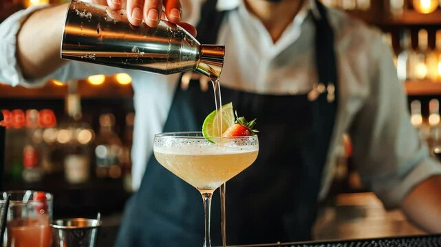 Bartender expertly shaking and pouring cocktails for a fresh bar experience