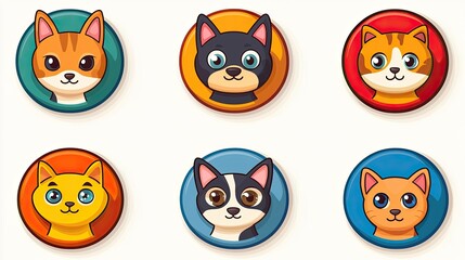 Adorable Cartoon Cats and Dogs in Colorful Circles