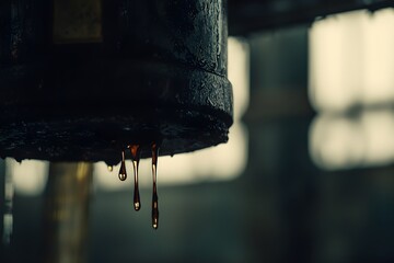 Dark Oil Dripping from Rusty Metal Container Industrial Closeup