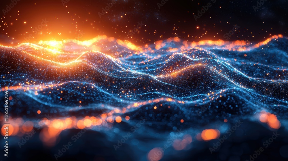 Poster abstract representation of shimmering waves with glowing particles.