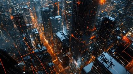 Aerial View of a Modern Cityscape at Night with Glowing Lights