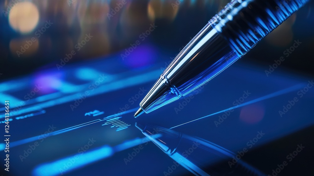 Poster close-up of pen on touchscreen with digital data visualization