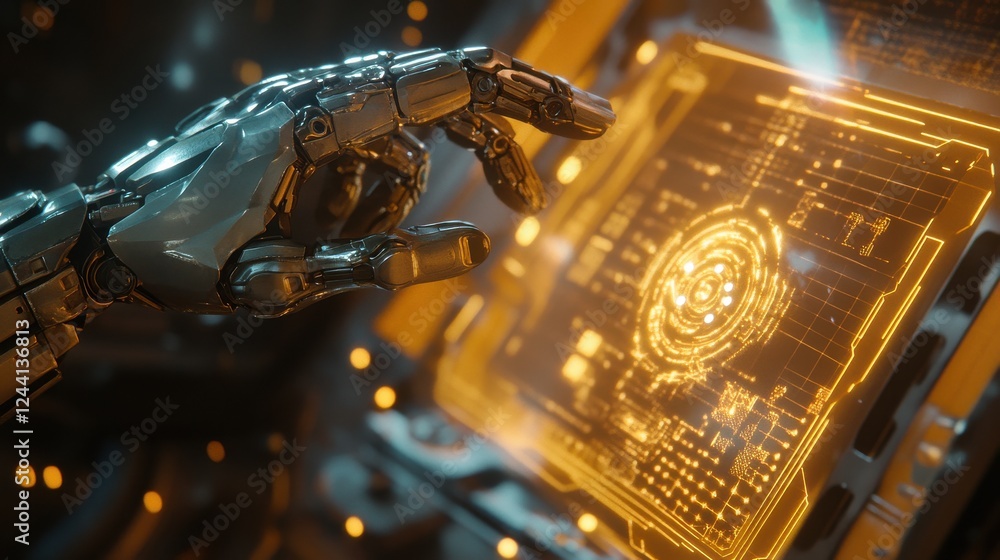 Poster futuristic robot hand interacting with holographic touchscreen display