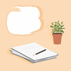 Template blank for schedule, promotions, offers, and discounts. Notebooks with a pencil and a houseplants on a yellow background. Copy space. Creative activity. Modern vector flat design.
