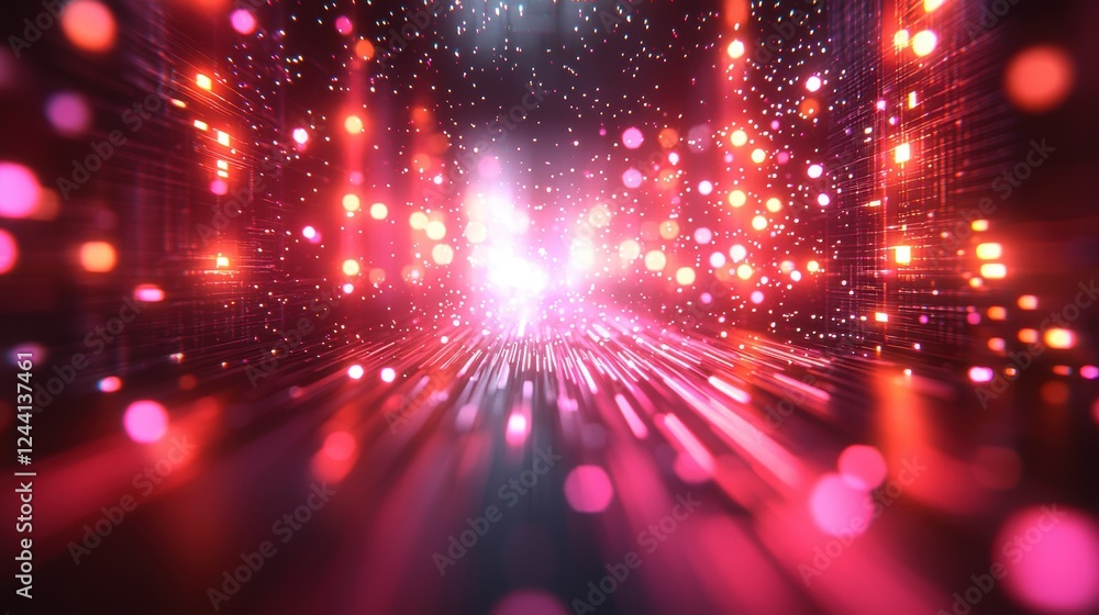Poster abstract visual of vibrant lights and particles creating a dynamic atmosphere.