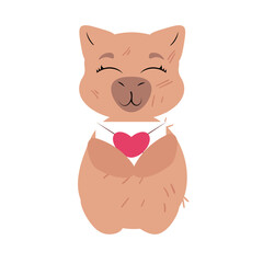 Smiling capybara holding a love letter with a heart on a white background. Perfect for Valentine's Day, greeting cards, romantic messages