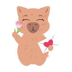 Capybara holding a flower and a love letter with a heart. Perfect for romantic greetings, Valentine's Day, Women's Day, love-themed decorations and cute animal illustrations