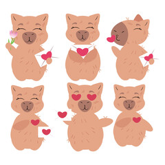 Set of cute capybara characters with love hearts and flowers in romantic poses perfect for Valentine's Day, wedding designs, or romantic greeting cards