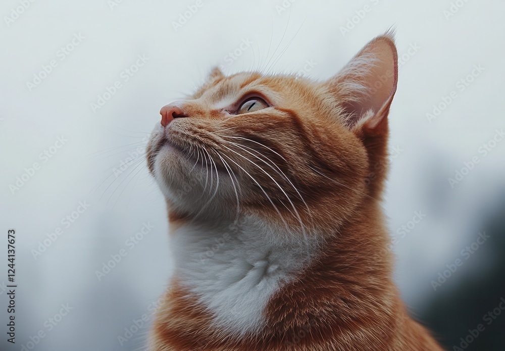 Poster gracious orange cat gazes thoughtfully with dreamy expression against a soft blurred background of n