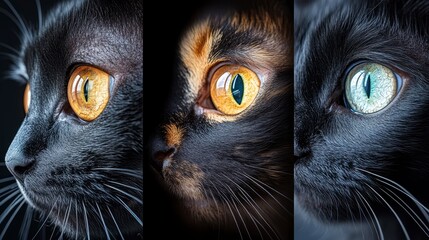 Three cats, close-up portraits, dark background, pet photography