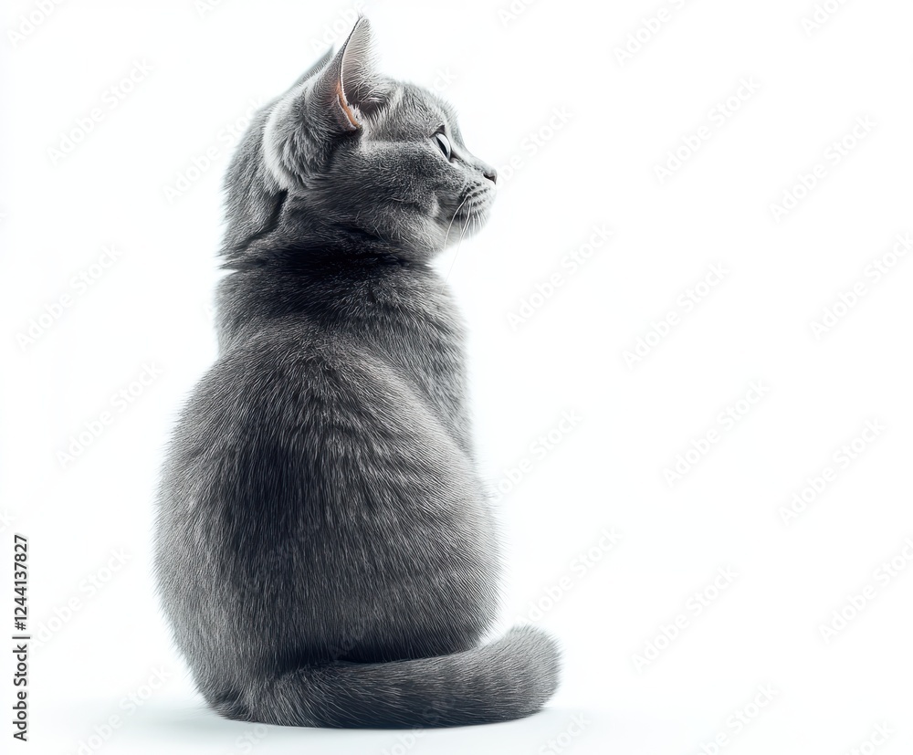 Poster gray cat sitting in profile displaying soft fur texture against a soft white background emphasizing 