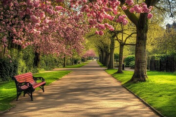 Fototapeta premium Serene Park Path Under Blooming Cherry Trees