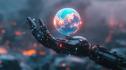 Futuristic Robot Holding Glowing Earth in a Sci-Fi Landscape
